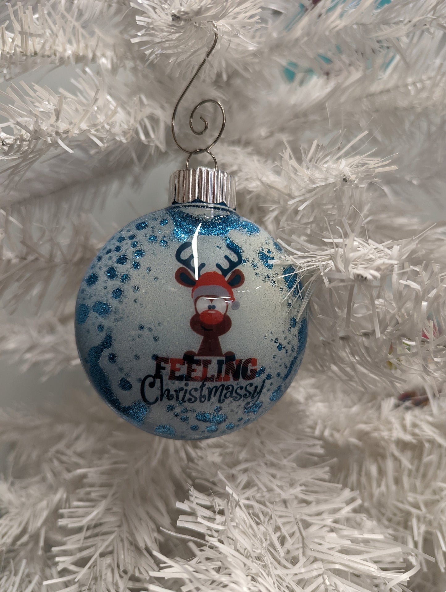 “Feeling Christmassy” Handmade Ornament | Blue Glitter Reindeer Ornament