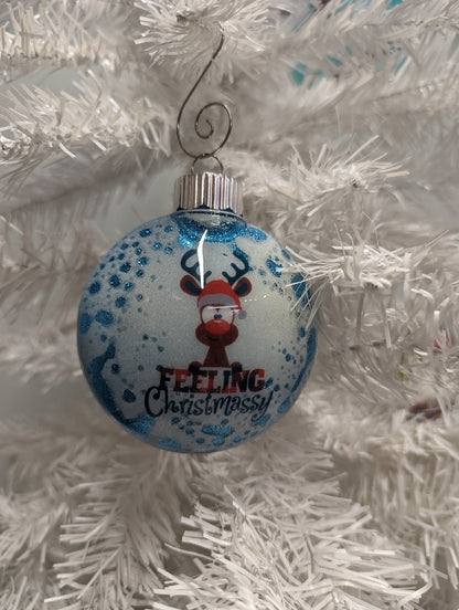“Feeling Christmassy” Handmade Ornament | Blue Glitter Reindeer Ornament