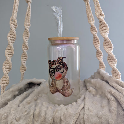 Leopard Bow Bubblegum Sloth Glass Can