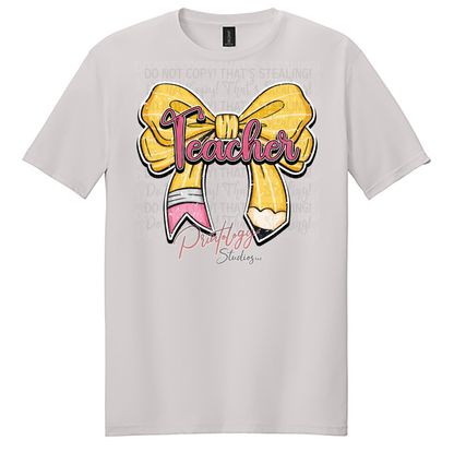 Teacher Coquette Bow T-Shirt | Cute Pencil Bow Teacher Tee
